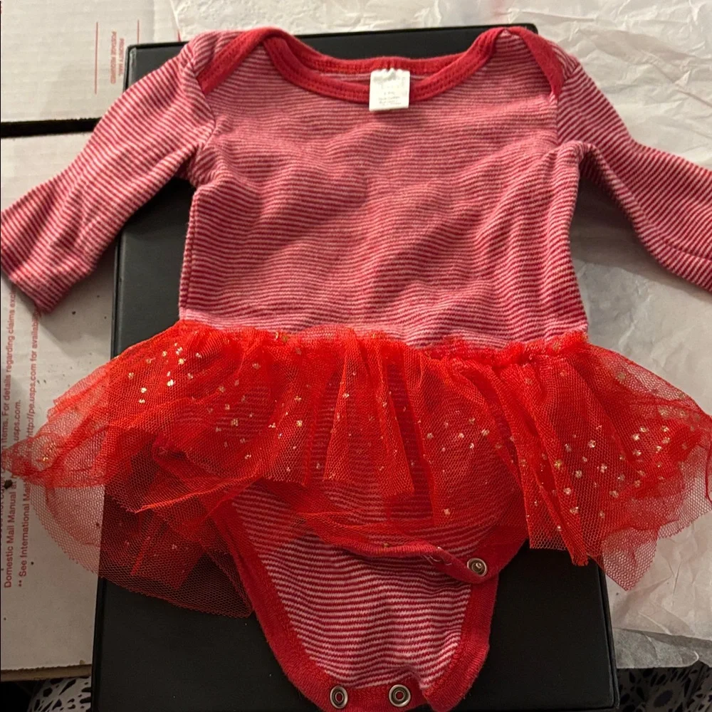 Modern baby Red Striped Baby One piece with Tulle Skirt 6-9 months